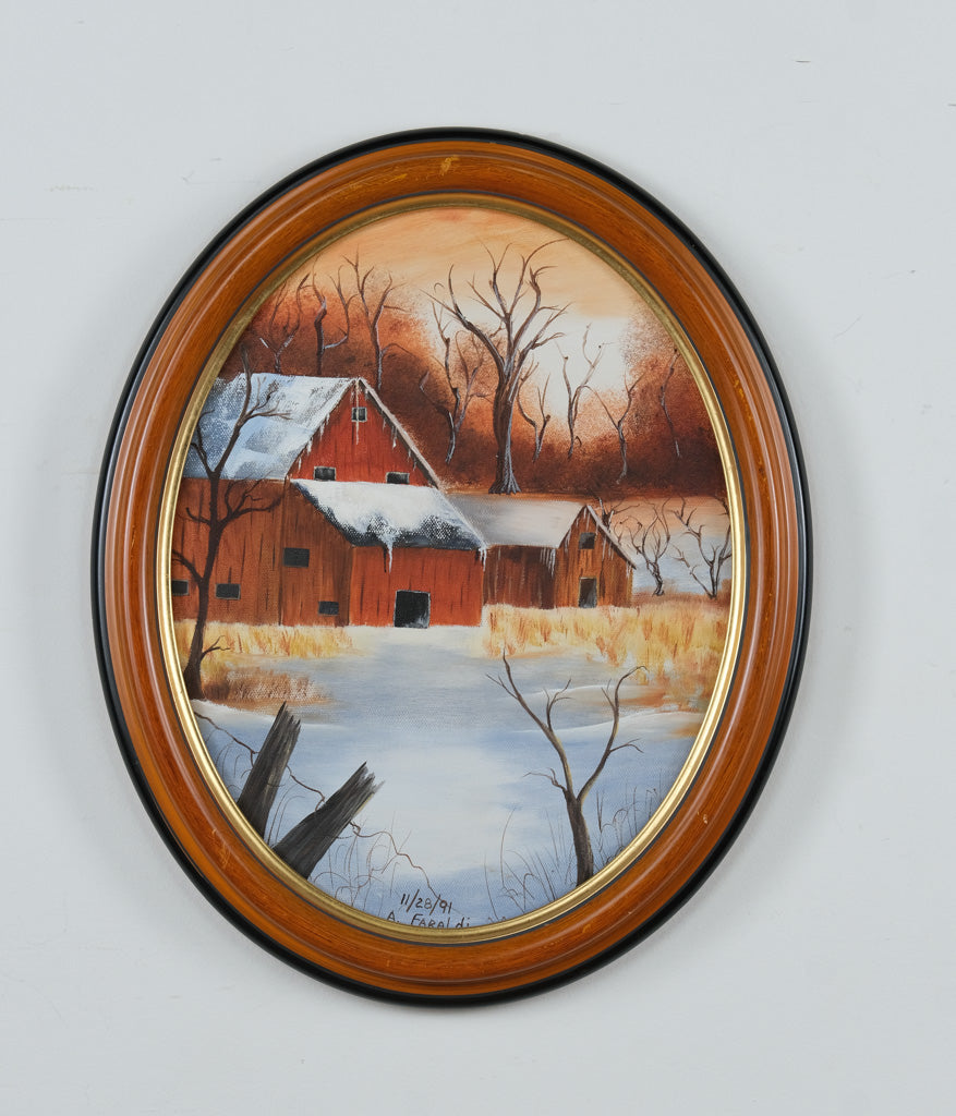 Snowy Barn Scene – Original Oil Painting by A. Faraldi (1991)