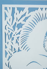 Load image into Gallery viewer, &quot;Snowy Ruffled Feathers&quot; by Jeannine Reese – Framed Scherenschnitte Art (14&quot; x 17&quot;)
