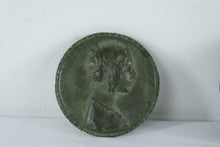 Load image into Gallery viewer, Spanish Art Pottery Trinket Box Green Patina Cameo Portrait Lidded Box
