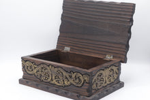 Load image into Gallery viewer, Vintage Spainish Carved Wood Box Old World Map Gold Gilt Scrollwork
