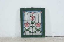 Load image into Gallery viewer, Stained Glass Tulip Window Panel Pink Floral Art Green Wood Frame 16 Inch
