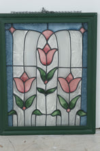 Load image into Gallery viewer, Stained Glass Tulip Window Panel Pink Floral Art Green Wood Frame 16 Inch

