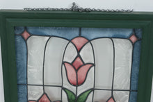 Load image into Gallery viewer, Stained Glass Tulip Window Panel Pink Floral Art Green Wood Frame 16 Inch
