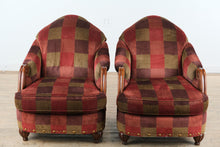 Load image into Gallery viewer, Stanford Furniture Upholstered Lounge Chairs Pair Red and Brown Plaid Barrel Armchairs
