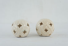 Load image into Gallery viewer, Ceramic Pierced Orb Candle Holders Pair Ivory Crackle Glaze 3 Inch
