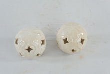 Load image into Gallery viewer, Ceramic Pierced Orb Candle Holders Pair Ivory Crackle Glaze 3 Inch
