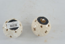 Load image into Gallery viewer, Ceramic Pierced Orb Candle Holders Pair Ivory Crackle Glaze 3 Inch
