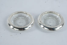 Load image into Gallery viewer, Vintage Silver Tone Glass Coasters Pair Floral Sunburst Pattern 4 Inch
