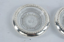 Load image into Gallery viewer, Vintage Silver Tone Glass Coasters Pair Floral Sunburst Pattern 4 Inch
