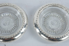 Load image into Gallery viewer, Vintage Silver Tone Glass Coasters Pair Floral Sunburst Pattern 4 Inch
