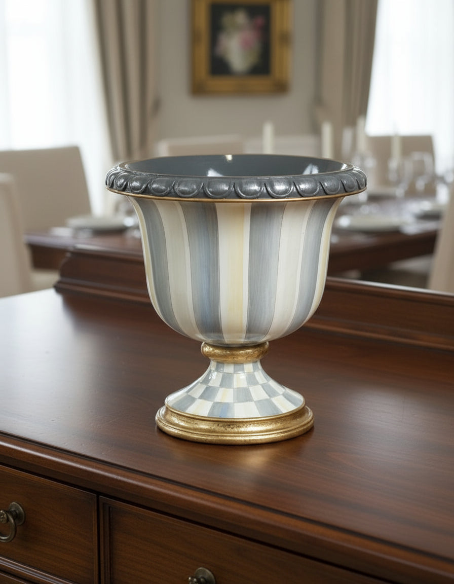MacKenzie-Childs Sterling Stripe Tabletop Urn – Hand-Painted Ceramic with Gold Accents