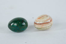 Load image into Gallery viewer, Pair Polished Stone Egg Figurines Chrysocolla Banded Calcite Decorative Eggs
