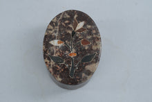 Load image into Gallery viewer, Hand Carved Soapstone Trinket Box Floral Stone Inlay Oval Jewelry Box 3 Inch
