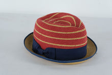 Load image into Gallery viewer, Straw Studios Red &amp; Tan Woven Fedora Hat with Navy Band – Lightweight Summer Style
