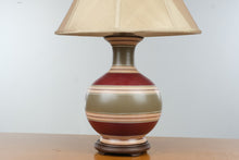 Load image into Gallery viewer, Striped Ceramic Table Lamp Burgundy Olive Green Wood Base 27 Inch
