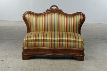 Load image into Gallery viewer, Small Victorian-Style Carved Wood Parlor Settee with Striped Upholstery
