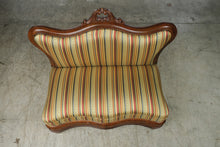 Load image into Gallery viewer, Small Victorian-Style Carved Wood Parlor Settee with Striped Upholstery
