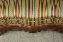 Load image into Gallery viewer, Small Victorian-Style Carved Wood Parlor Settee with Striped Upholstery
