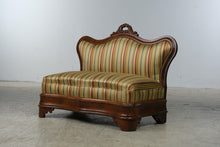 Load image into Gallery viewer, Small Victorian-Style Carved Wood Parlor Settee with Striped Upholstery
