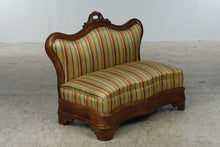 Load image into Gallery viewer, Small Victorian-Style Carved Wood Parlor Settee with Striped Upholstery
