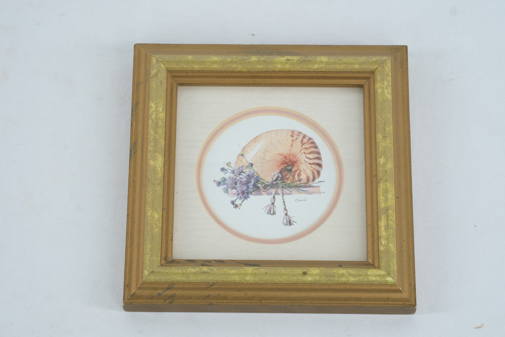 🐚 Marilyn Simandle “Striped Shell & Daisies” Framed Print – Vintage Coastal Wall Art