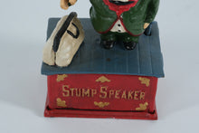 Load image into Gallery viewer, Cast Iron “Stump Speaker” Mechanical Bank – 10” Tall Collectible
