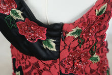 Load image into Gallery viewer, Sue Wong Nocturne Black Silk Red Lace Sequin Floral Dress Size 8
