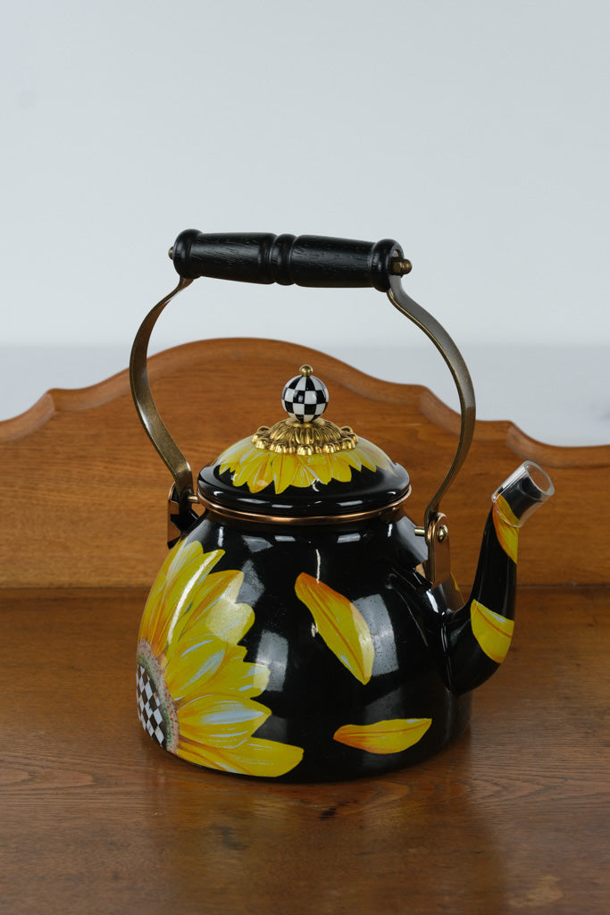 MacKenzie-Childs Sunflower 2-Quart Tea Kettle – Handcrafted Enamelware with Checkered Detailing