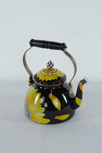 Load image into Gallery viewer, MacKenzie-Childs Sunflower 2-Quart Tea Kettle – Handcrafted Enamelware with Checkered Detailing
