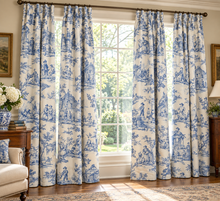 Load image into Gallery viewer, Blue White Country Life Toile Custom Lined Drapery Panels 4 Panel Set 92 Inch
