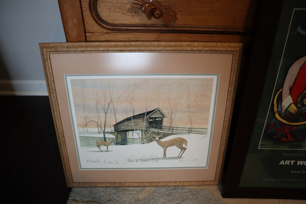 Winter Bridge Scene with Deer – Signed & Numbered Framed Art Print