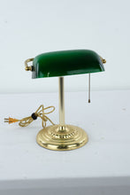Load image into Gallery viewer, Vintage Brass Banker’s Desk Lamp with Green Glass Shade – Pull Chain Library Lamp – Classic Office Lighting
