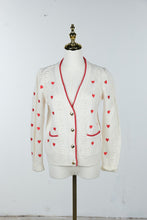 Load image into Gallery viewer, Talbots Petite Ivory Red Heart Cable Knit Cardigan Gold Heart Buttons SP
