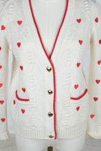 Load image into Gallery viewer, Talbots Petite Ivory Red Heart Cable Knit Cardigan Gold Heart Buttons SP
