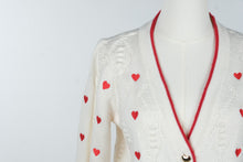 Load image into Gallery viewer, Talbots Petite Ivory Red Heart Cable Knit Cardigan Gold Heart Buttons SP
