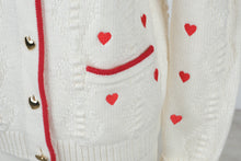 Load image into Gallery viewer, Talbots Petite Ivory Red Heart Cable Knit Cardigan Gold Heart Buttons SP
