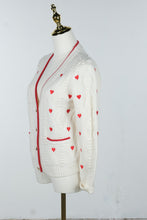 Load image into Gallery viewer, Talbots Petite Ivory Red Heart Cable Knit Cardigan Gold Heart Buttons SP
