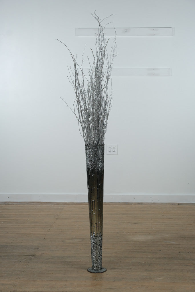 Tall Mosaic Glass Floor Vase with Silver Glitter Branches