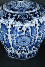 Load image into Gallery viewer, Blue &amp; White Porcelain Ginger Jar with Lid – 11" Tall • Floral &amp; Scroll Motif • Classic Decorative Temple Jar

