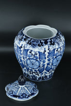 Load image into Gallery viewer, Blue &amp; White Porcelain Ginger Jar with Lid – 11" Tall • Floral &amp; Scroll Motif • Classic Decorative Temple Jar
