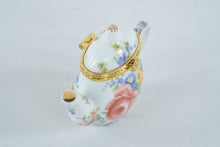 Load image into Gallery viewer, Floral Porcelain Teapot Hinged Trinket Box Gold Tone Trim Miniature 3 Inch
