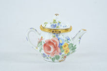 Load image into Gallery viewer, Floral Porcelain Teapot Hinged Trinket Box Gold Tone Trim Miniature 3 Inch
