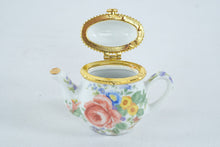 Load image into Gallery viewer, Floral Porcelain Teapot Hinged Trinket Box Gold Tone Trim Miniature 3 Inch
