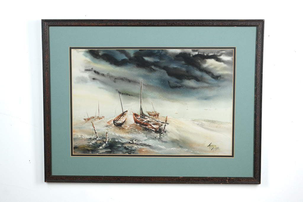 Teddy Tubbs Framed Coastal Watercolor – Boats in Storm