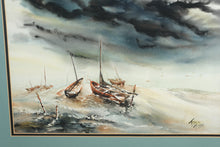 Load image into Gallery viewer, Teddy Tubbs Framed Coastal Watercolor – Boats in Storm
