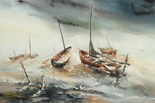 Load image into Gallery viewer, Teddy Tubbs Framed Coastal Watercolor – Boats in Storm
