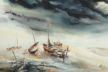 Load image into Gallery viewer, Teddy Tubbs Framed Coastal Watercolor – Boats in Storm
