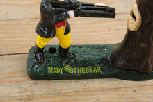 Load image into Gallery viewer, Antique Cast Iron Teddy and the Bear Mechanical Coin Bank J E Stevens 1907
