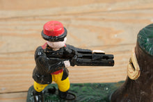 Load image into Gallery viewer, Antique Cast Iron Teddy and the Bear Mechanical Coin Bank J E Stevens 1907
