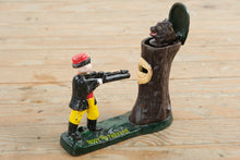 Load image into Gallery viewer, Antique Cast Iron Teddy and the Bear Mechanical Coin Bank J E Stevens 1907
